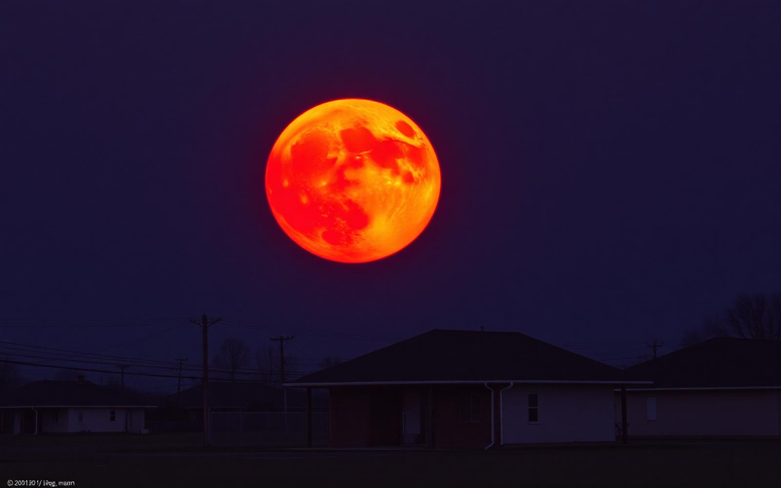 A large crimson full moon rising over a modest suburban American temple at dusk — illustrative editorial plate.